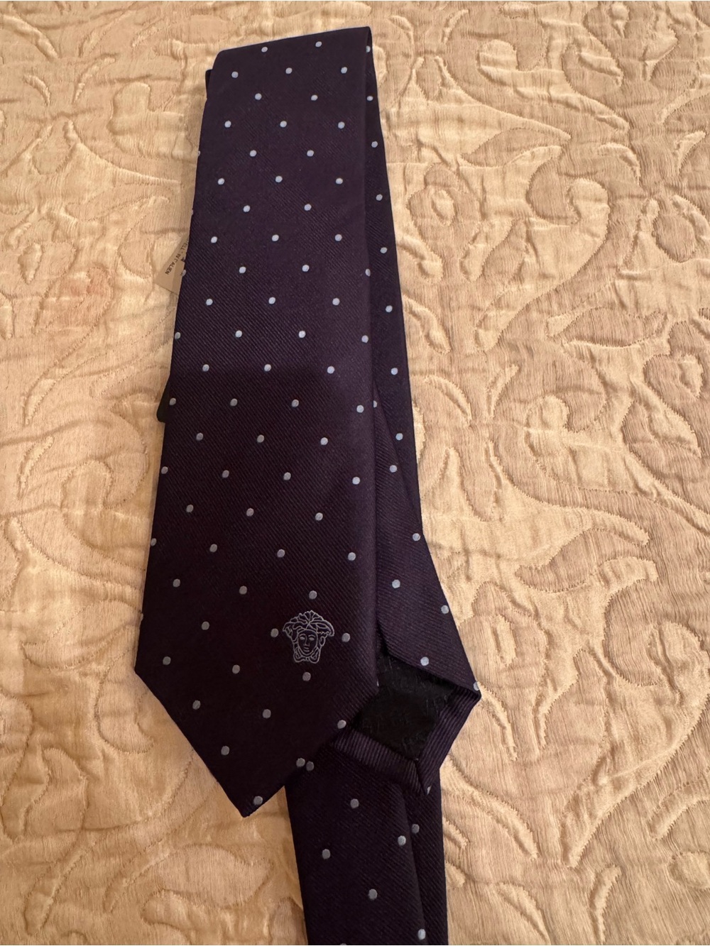 Versace Navy Silk Tie with Light Blue Polka Dots